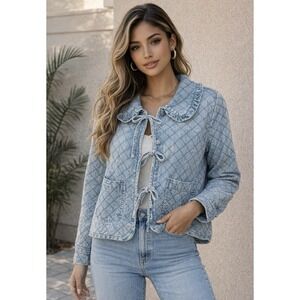 Doe and Rae Quilted Denim Jacket Light Wash Blue Tie Front Medium NWOT